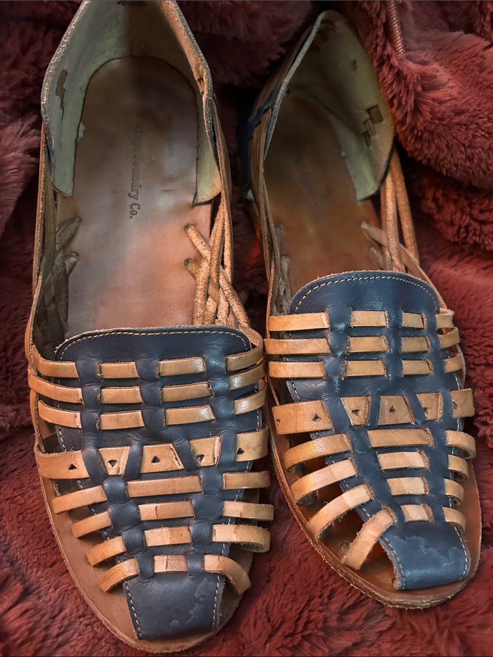 Woven Leather Slip-On Sandals in Black & Tan